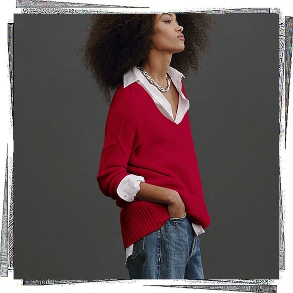 100% Cashmere V-Neck Tunic Sweater / Top In Red (S) - Picture 1 of 7